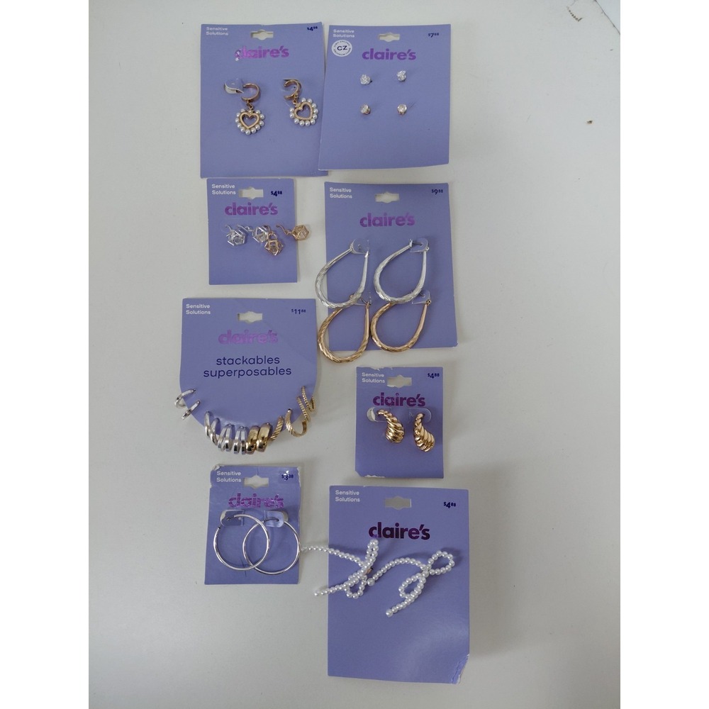 HUGE Lot Claire's Earrings Silver Gold 16 Pair $53 value Sensitive Solutions NWT